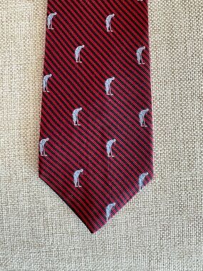 Cremieux Silk Tie Golf Motif Red Navy Stripe Preppy Country Club Style USA